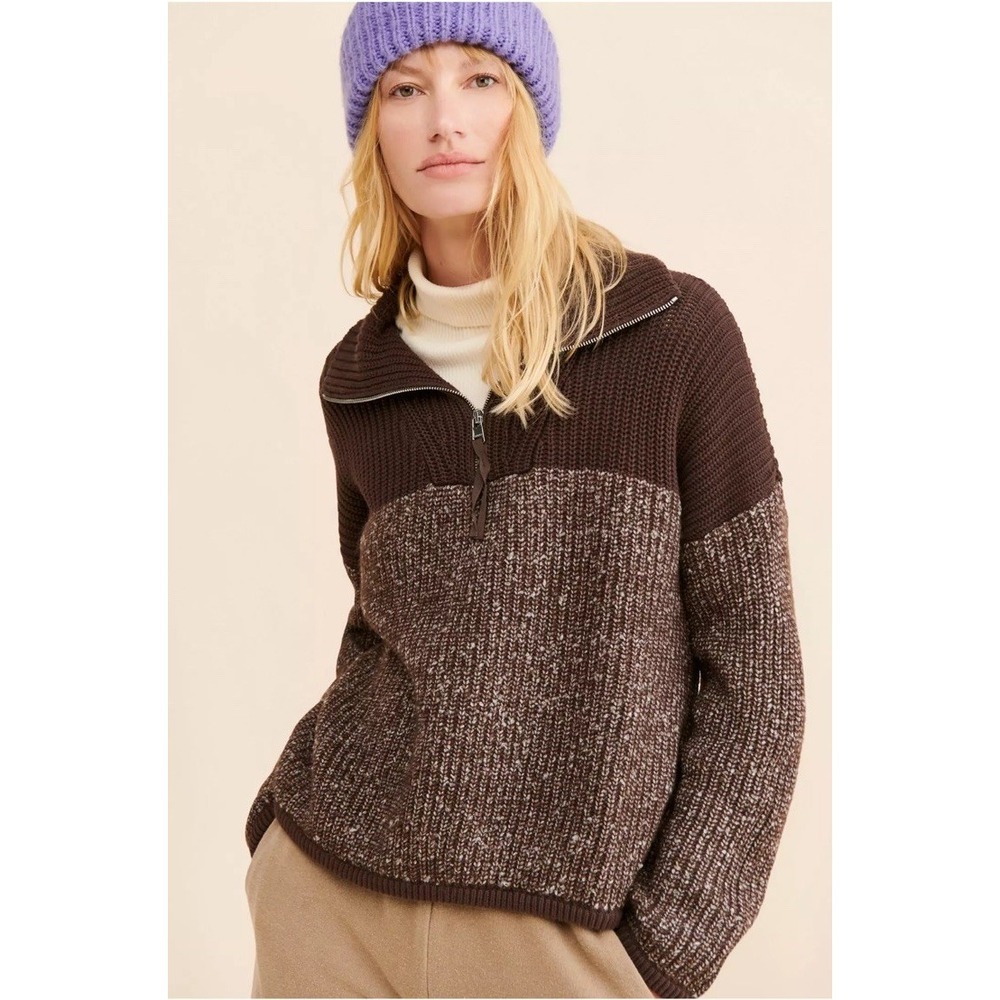 varley willard half zip knit coffee bean egret fleck Size XS Pullover Oversized